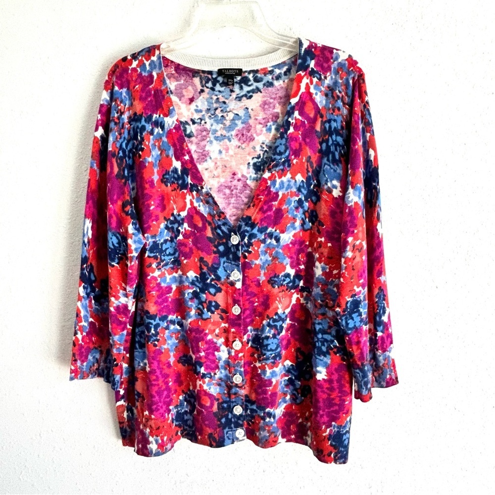 Talbots Floral Print Cardigan Sweater Women's Petite Plus Size 2X Red Blue